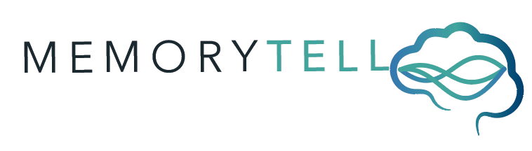 MemoryTell logo, The memory tell text and the abstract brain shape and voice audio to represent the audio test.